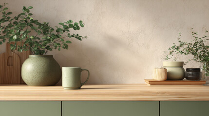 Fototapeta premium “A minimal, cozy counter mockup for product presentation, featuring a Japanese-inspired design with a wooden countertop, green base, warm white wall, and accessories like a vase, plant, and mug