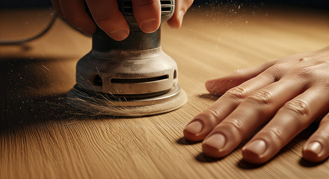 Close-up of hands sanding a wooden tabletop with a cordless sander and flying dust - Powered by Adobe