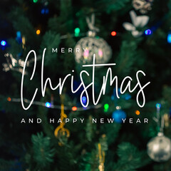 Merry Christmas and Happy New Year Greeting On Decorated Tree With Lights And Ornaments In Cozy Home Setting. Perfect For Holiday Cards, Seasonal Promotions, Festive Visuals That Spark Joy And Warmth