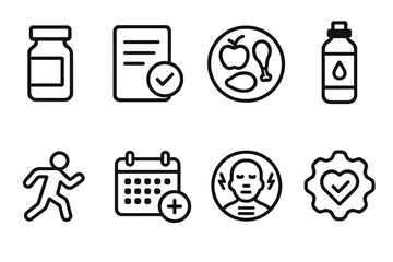 Preventive Health Icons. Preventive Care Set linear set: vaccine vial, checkup form, nutrition plate, hydration bottle, fitness icon, screening calendar, symptom guide, healthy