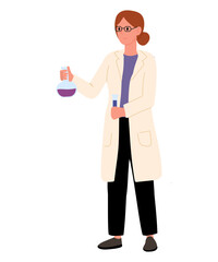 Woman in lab coat with brown hair tied in bun and wearing glasses. Woman smiling and holding test tube with purple liquid. 