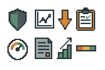 Control & Mitigation Icons. Control & Mitigation Pack pixel style set: safeguard shield, control chart, mitigation arrow, action plan card, monitoring dial, issue log, remediation