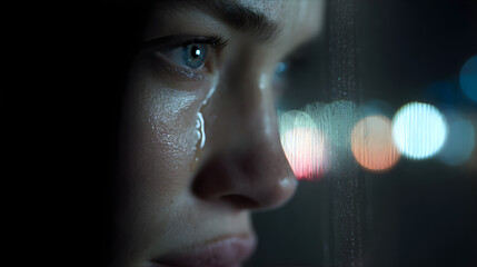 Woman crying with tear rolling down her cheek. Sadness and despair concept related to hangover or addiction. Emotional struggle.