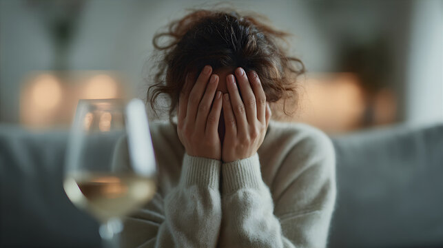 Woman covering face with hands in despair after drinking alcohol, concept of hangover, addiction, sadness. Emotional upset.