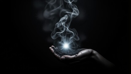 A hand holding charcoal dust, illuminated from within by a bright, central light. The background is dark, creating a stark contrast and emphasizing the hand and dust.