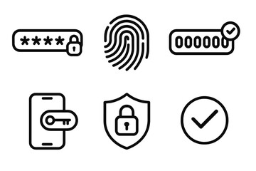 Secure Login Icons. Secure Login Elements linear set: password field, fingerprint icon, one-time code, device token, shield lock, success indicator.