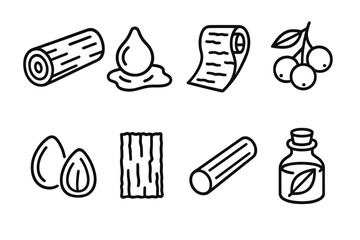 Tree Product Icons. Tree-based products set linear set: raw timber, aromatic resin, craft bark sheet, fruit bunch, seed kernel, tannin-rich bark, wooden dowel, leaf extract bottle.