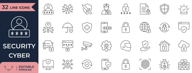 Cyber security and data protection vector line icons. Essential graphics for digital safety, network defense, privacy, and user authentication.
