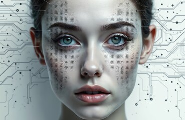 Woman face with dotted grid on white circuit board background. Female portrait with blue eyes and brown hair. Artificial intelligence concept with human face and digital pattern.