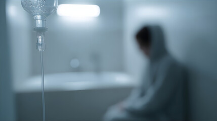 Intravenous drip therapy for detoxification or hangover treatment with blurred person in the background. Medical care for addiction recovery.
