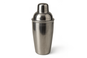 Stainless steel cocktail shaker for mixing drinks, barware equipment for bartenders and home use on transparent background