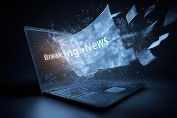 Breaking news real-time 3D visualization information explosion flying out laptop screen cybersecurity global data digital communication