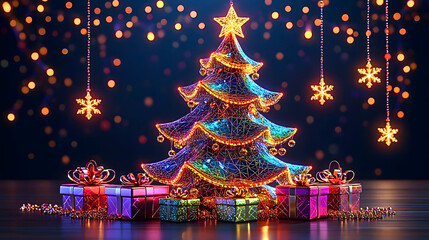 Glowing 3D Christmas tree with gifts and festive holiday lights