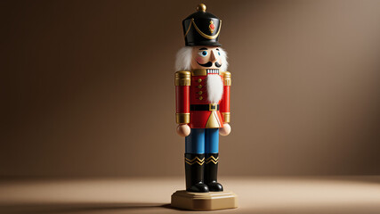 Classic wooden nutcracker soldier figure standing on brown background traditional decor
