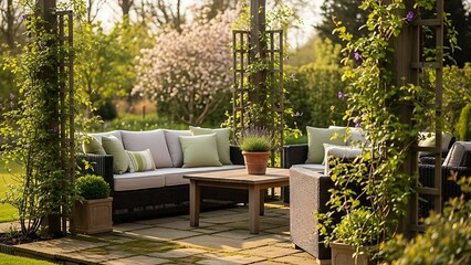 Luxury Outdoor Living Comfortable Garden Patio Sofa Set in Lush Backyard.