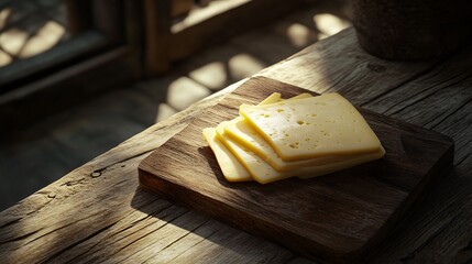 Delicious Processed Cheese Slices on Wooden Board