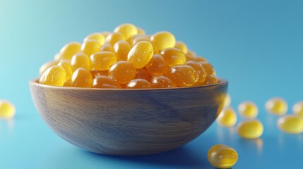 Vibrant Yellow Hard Candies in Wooden Bowl on Blue