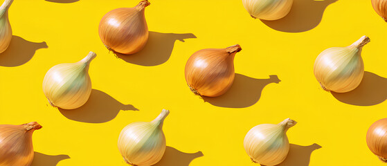 Seamless pattern of fresh onions on vibrant yellow background