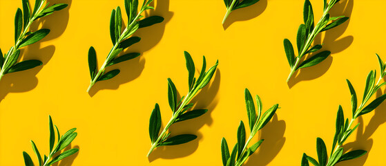 Seamless pattern of fresh rosemary leaves on yellow background