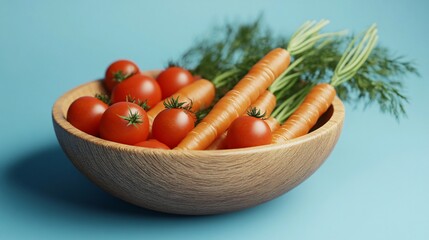 Organic Carrots and Tomatoes in Wooden Bowl