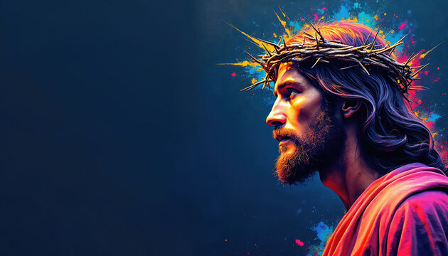 Jesus Christ portrait with crown of thorns, colorful abstract paint splatters. Modern pop art style illustration for Easter, Good Friday, religious themes. Deep blue background with vibrant color - Powered by Adobe