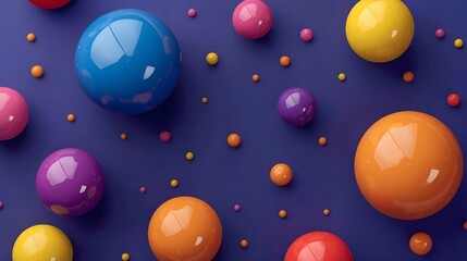 Vibrant, high-gloss spheres (blue, purple, yellow, orange, pink, red) of varying sizes scattered on a deep blue background with strong reflections, creating a 3D abstract pattern.