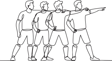 Continuous line art illustration of a group of players pointing strategy in a team discussion