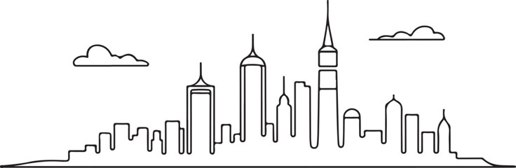 Continuous Line Skyline with Floating Tower Tops in a Minimal Artistic Illustration