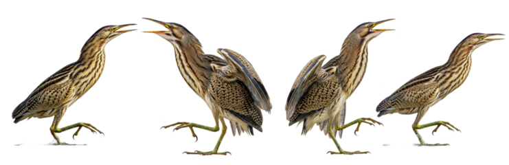 American Bittern (Botaurus lentiginosus) walking sequence, four birds, stretching neck, open beak, marsh bird, brown plumage, motion, isolated on white.