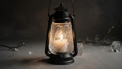 Old fashioned metal lantern glowing with warm light on snow covered ground night atmosphere