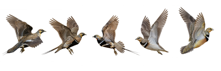 Black-bellied Sandgrouse (Pterocles orientalis) flight sequence, five birds, wings flapping, soaring, desert wildlife, brown plumage, action shot, isolated on white.