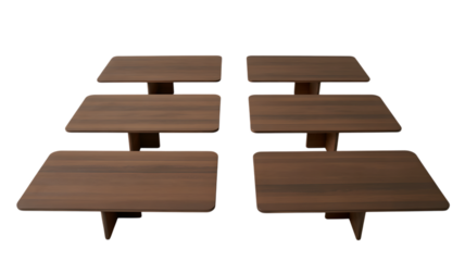 Two three-tiered brown wooden display stands against a black background
