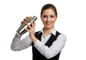 Young caucasian female bartender in a black vest dynamically holding a reflective steel boston shaker, smiling, high-key studio lighting against a transparent background. Concept for beverage