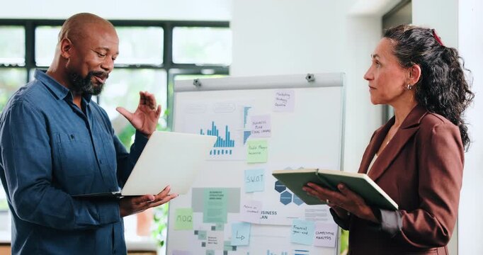 Chart, planning and discussion with business people in office for idea, swot analysis and campaign research. Advertising review, meeting and laptop with employees in agency for performance graph