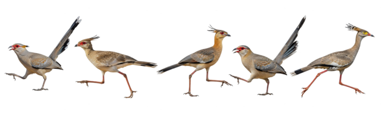 Red-legged Seriema (Cariama cristata) walking sequence, five birds, ground movement, long legs, crest, predator, South American wildlife, action shot, isolated on white.