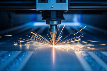 Industrial laser cutting machine in operation with bright sparks and blue lighting effects