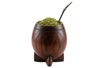 hyper-detailed, hand-carved mahogany mate gourd filled with vibrant emerald green yerba mate and a steel bombilla, isolated on a transparent backdrop. Cultural artifact concept