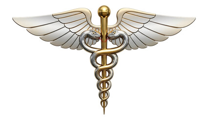 Golden caduceus symbol with metallic wings and intertwined serpents, cutout, PNG isolated on white or transparent background