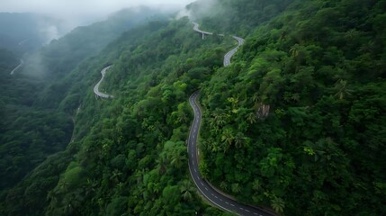 Aerial perspective of a winding asphalt highway cutting through dense emerald rainforest, dramatic serpentine curves climbing toward mist-covered highlands; lush tropical canopy, vibrant biodiversity,