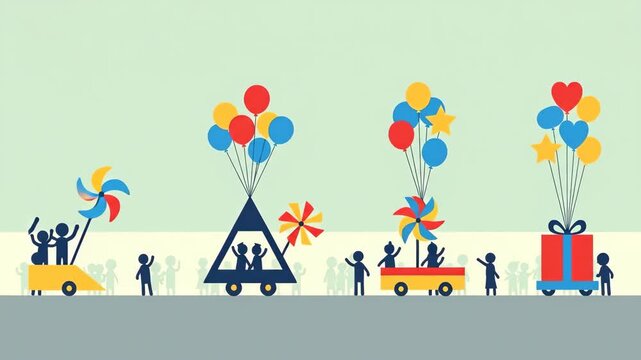 Animated Childrens Festival Parade with Colorful Floats.