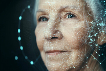 Interacting with digital holographic interface in futuristic virtual space innovation scene, generative ai