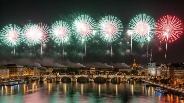Spectacular fireworks display over charles bridge and vltava river in prague at night