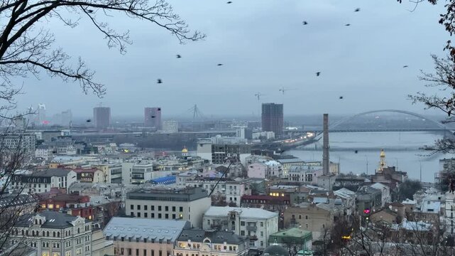 View of the Kyiv city Ukraine urban skyline at winter.