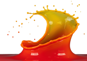 dynamic high-viscosity paint splash frozen mid-air, featuring a vibrant crimson red to luminous golden yellow gradient wave structure, against a stark white background, concept of elemental motion