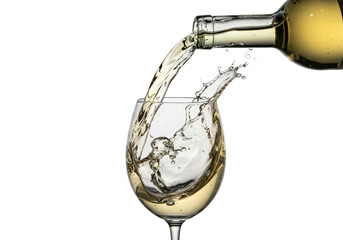 Hyper-photorealistic macro shot of a chilled bordeaux bottle pouring pale sauvignon blanc, frozen mid-splash into a glass, against a transparent studio background. Concept for beverage advertising