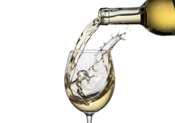Hyper-photorealistic macro shot of a chilled bordeaux bottle pouring pale sauvignon blanc, frozen mid-splash into a glass, against a transparent studio background. Concept for beverage advertising