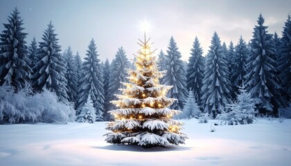 Fototapeta premium A tree glows in the snow—celebration rooted in frost, forest, and quiet wonder.