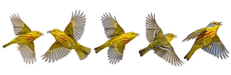 Obraz premium Yellow Warbler Setophaga petechia isolated on white, five birds flying wings spread colorful songbird plumage collection wildlife nature bird set collage