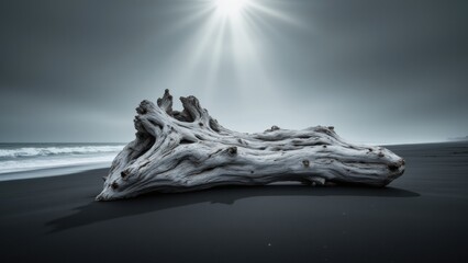 Weathered driftwood lies on a black sand beach. Soft light illuminates the wood's texture, casting long shadows. A sense of quiet solitude and timelessness pervades the scene.