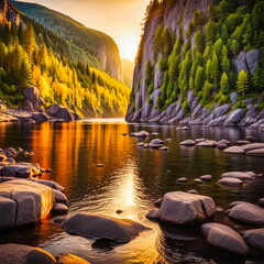 Golden Sunset Over Saguenay Fjord&rsquo;s Autumn Cliffs